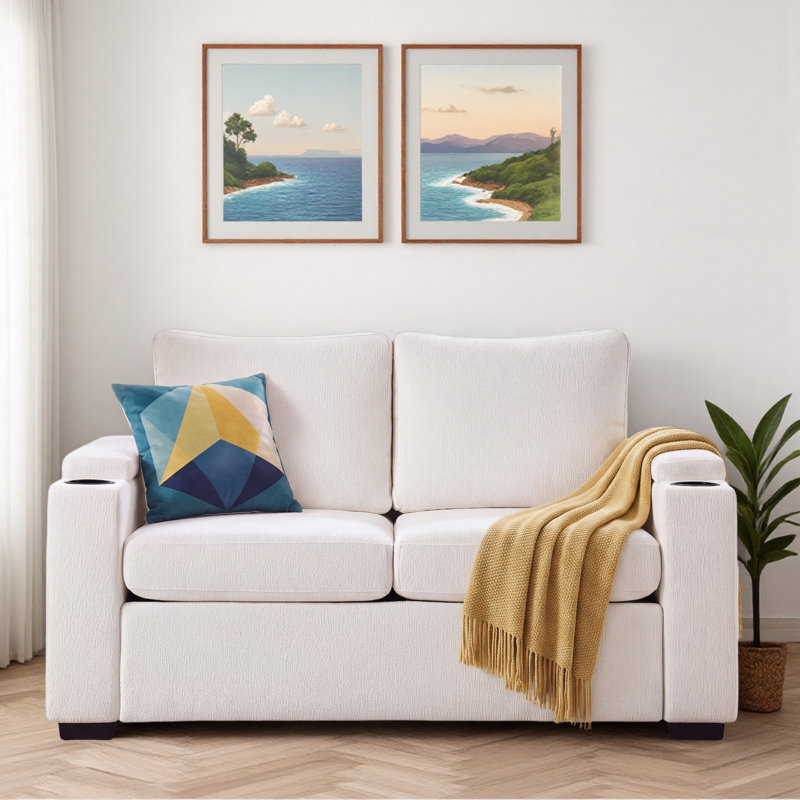 Canapé-lit gigogne avec porte-gobelets et espace de rangement dans l'accoudoir, Chenille beige