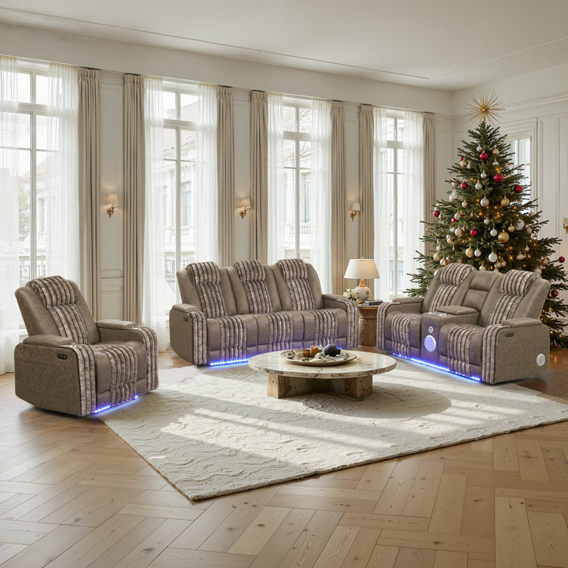 Ensembles inclinables électriques modernes et contemporains avec appuis-tête réglables, prise de courant USB et éclairage à DEL et haut-parleur (canapé + causeuse + fauteuil)