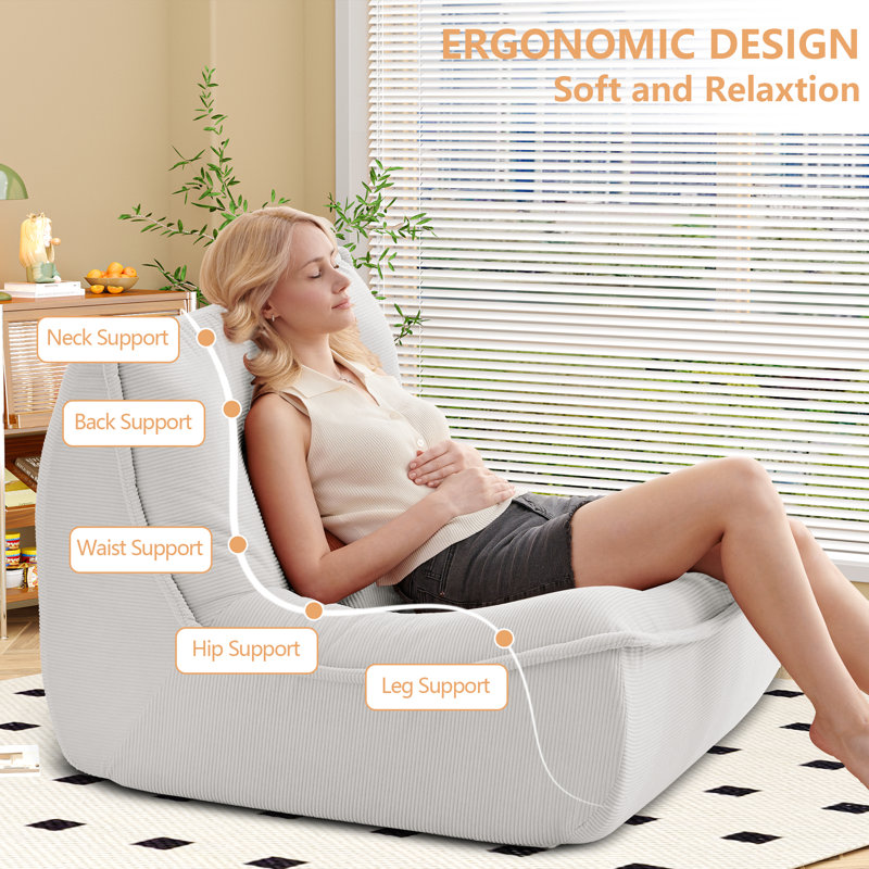 Single Lounge Chair, High-Resilience Foam And With Lumbar Pillow, White Polyester Blend