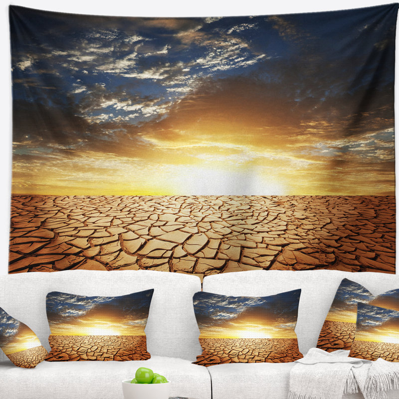 Paysage, sécheresse, terre, tapisserie, coucher de soleil, H 32 po x l 39 po
