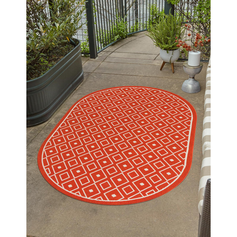 Outdoor Preen Area Rug Red Ivory Color, Oval 5'3" x 8'
