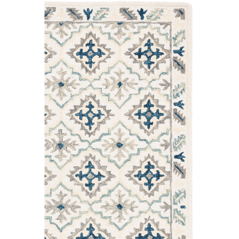 Betsy-Belle Hand Tufted Wool/Cotton Geometric Rug in Blue/Ivory, Square 5'