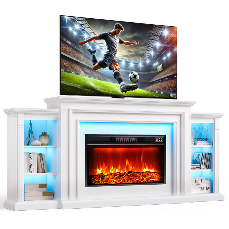 80" Led Electric Fireplace With Mantel, Fireplace Tv Stand For 90 Inch Tv, White