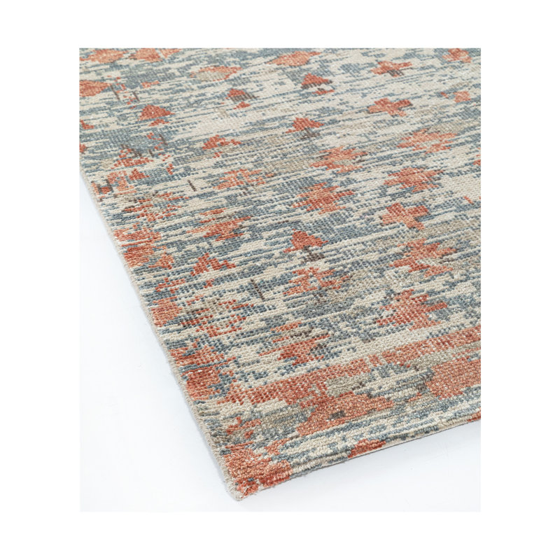 Hand-Knotted Blue and Terracotta Wool Abstract Area Rug