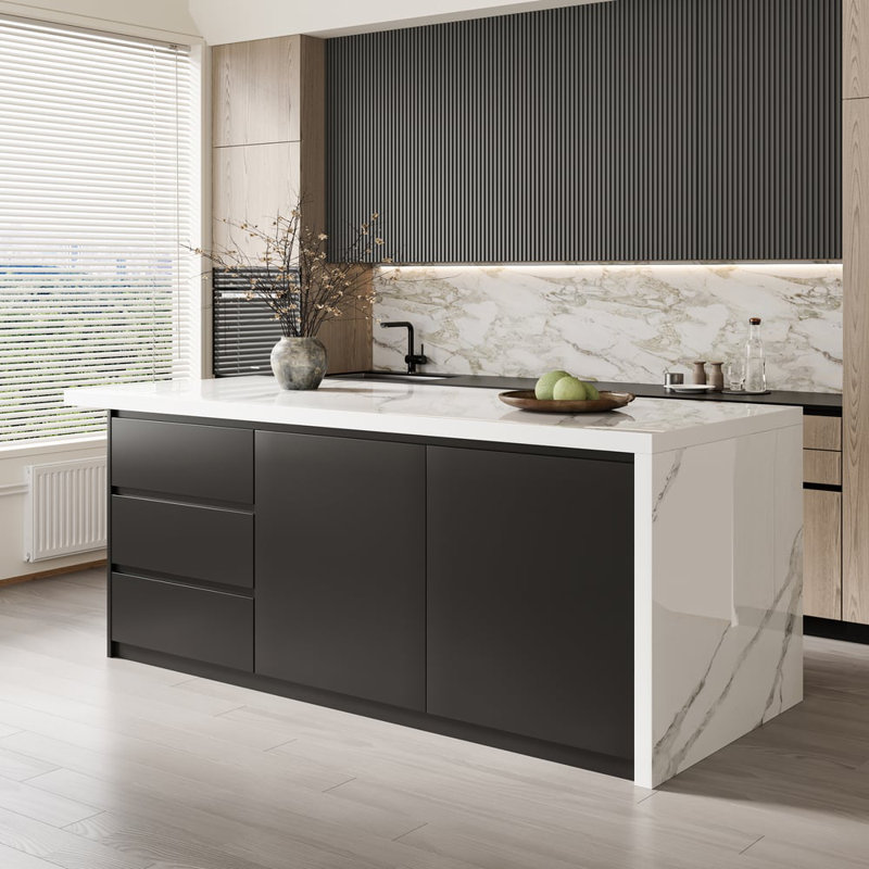 72" Kitchen Island With Storage,Kitchen Cabinet with Seating Area and Sintered Stone Table Top, Black, Sintered Stone