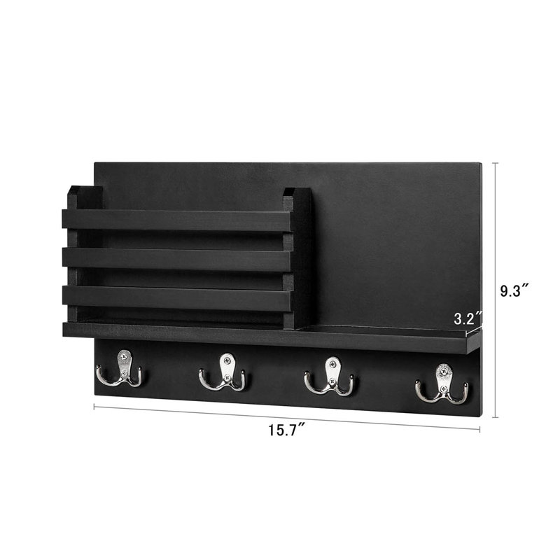 Wood Wall Organizer with Key Hooks, Black