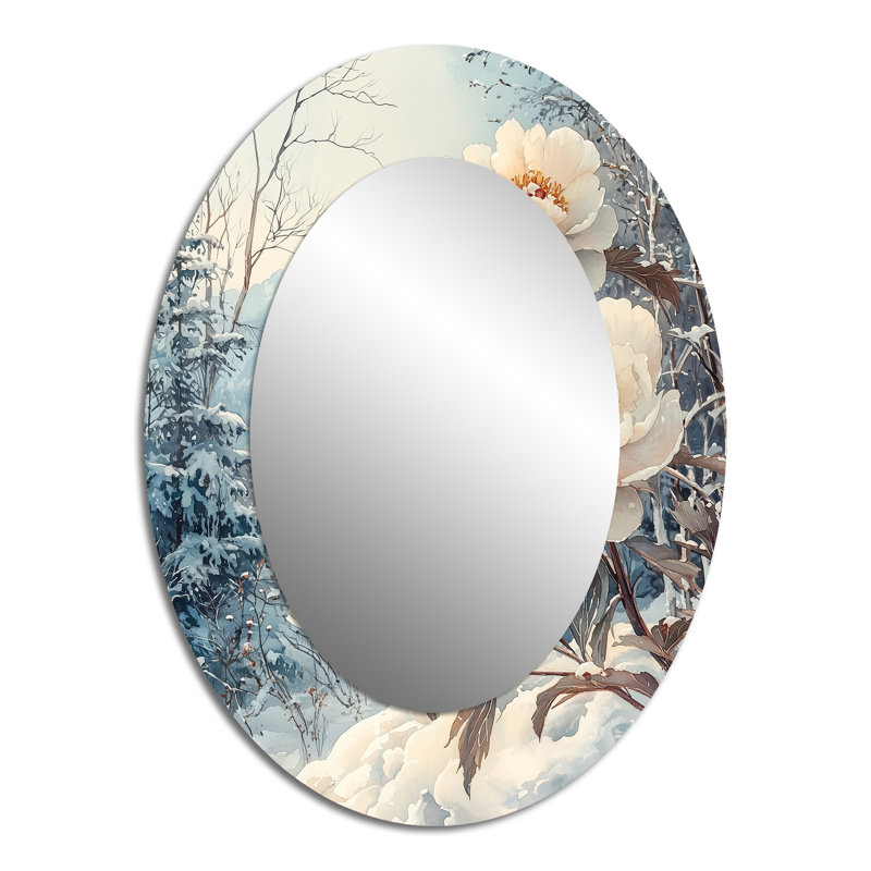Pivoine enneigée dans la forêt II - Grand miroir mural ovale sur métal, 40 po x 30 po