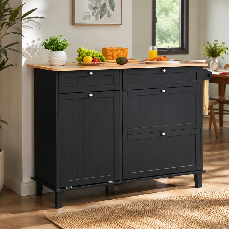 Îlot de cuisine avec meuble de rangement, tiroir et compartiment de poubelle, noir