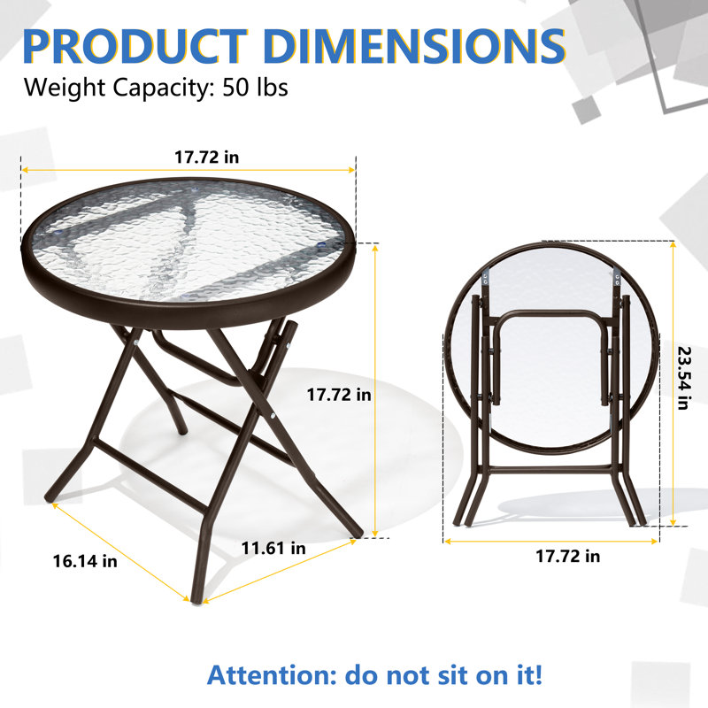 Hicham 17.7 L x 17.7 W Folded Outdoor Side Table with Glass Round Top, 1, Brown