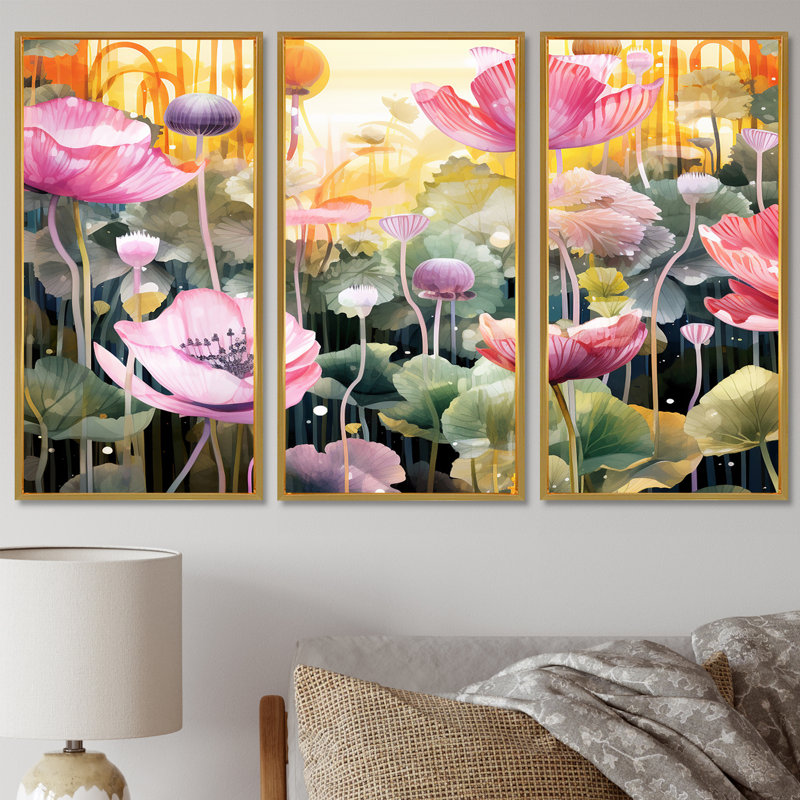 Thirsk - Ensemble d'art mural coquelicot, Cadre flottant doré, H 40 po x l 60 po x P 1 po