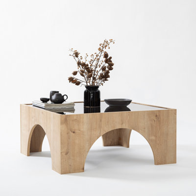 Table basse moderne avec plateau 100% verre trempé, finition gris foncé et chêne, 31,5 po x 13,8 po x 31,5 po | Structure en carton 100% mélaminé, bandes de chant en PVC | Design élégant et fonctionnel pour le salon et les espaces de détente