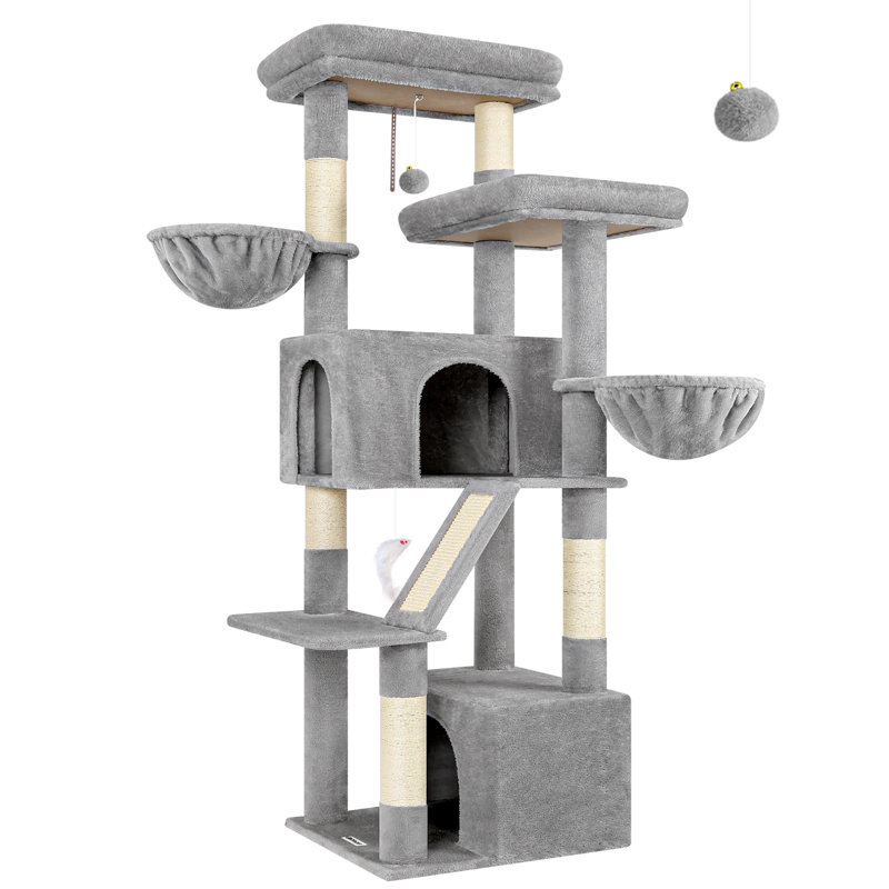 Arbre à chat de 69 pouces, pouvant accueillir 4 chats de taille moyenne ou plus, tour de chat intérieure avec 2 condos et 2 paniers, équipé de poteaux à griffer en sisal, tissu moelleux doux pour grimper et se reposer, facile à assembler.