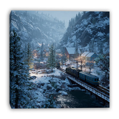 «Winter Mountain Village Train», art mural sur toile