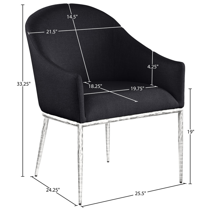Chaise de salle à manger rembourrée Ferro, Tissu texturé en lin noir, Argent brossé