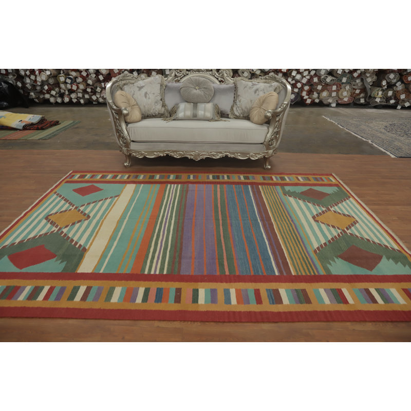 Tapis oriental rayé en laine à motif tribal kilim 7 x 10