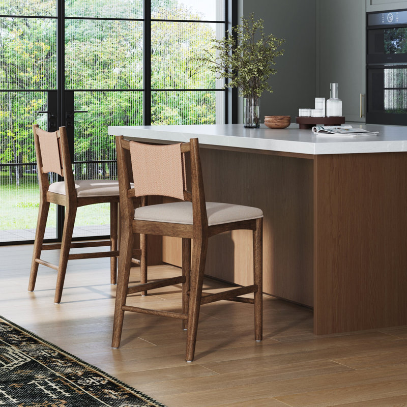 Tabouret de bar bohème avec dossier en jonc de mer et structure en bois brun moyen, ensemble de 2, Flax/Medium Brown, 2