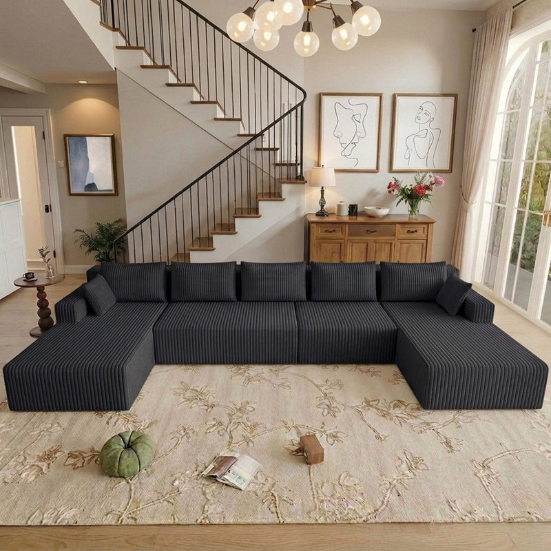 Canapé modulaire surdimensionné de 160 po en tissu désossé avec méridienne, siège modulaire en forme de U en velours côtelé et assise profonde, canapé confortable pour le salon, aucun assemblage requis