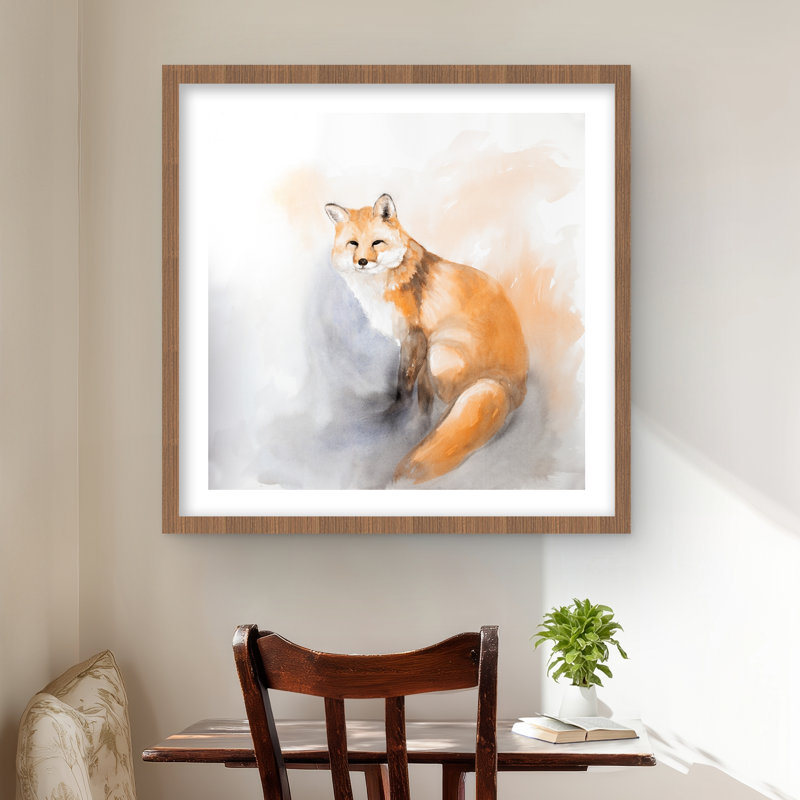 Aquarelle de renard - impression scandinave encadrée avec passe-partout bleu