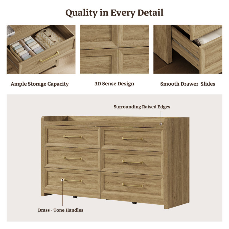 56.4"W Modern 6-Drawer Dresser, Natural Oak