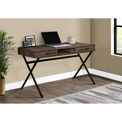 Bureau de travail à domicile avec tiroirs - longueur 48 po, finition stratifiée brune, pieds en métal noir, meubles de style contemporain l 48 po, stratifié, métal, look moderne