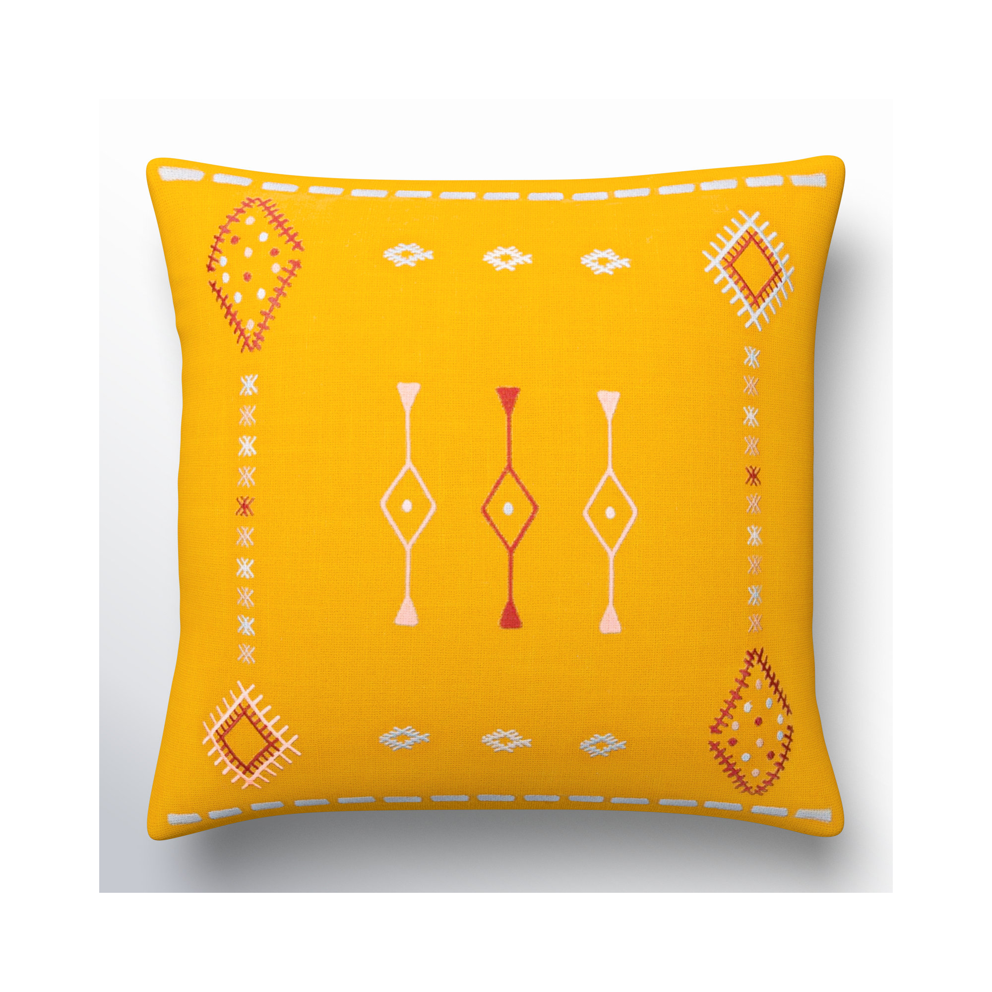Gwyn Embroidered Cotton Pillow Cover, Mustard/Dusty Pink/Pale Blue, 20" x 20"