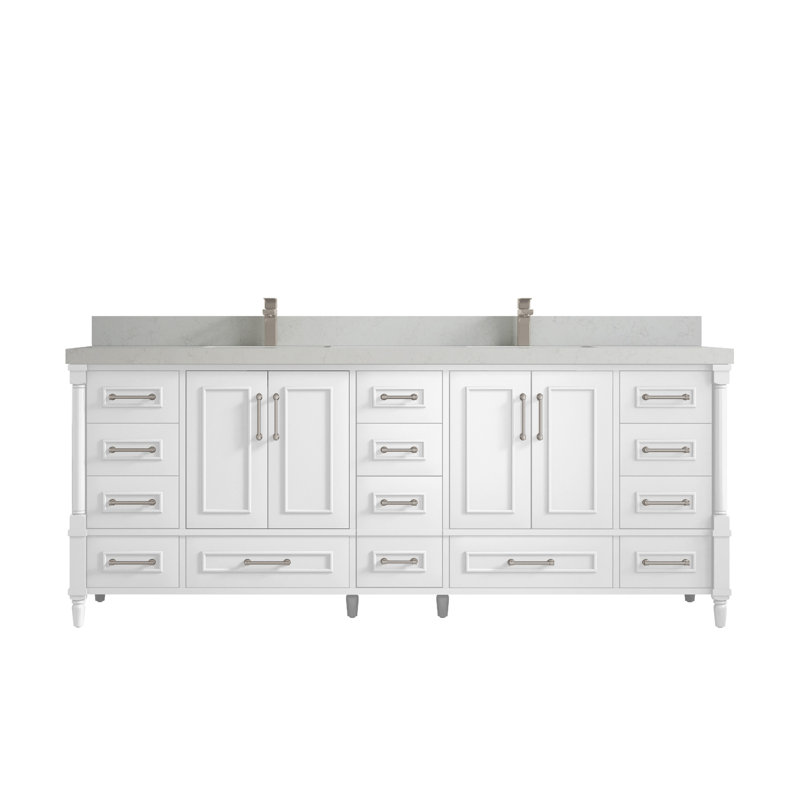 Aberdeen 84'' Double Bathroom Vanity with Quartz Top, Carrara Quartz, White