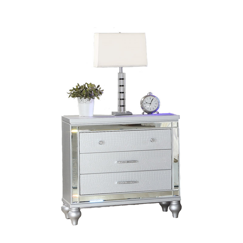 Modern Style Mirror Framed 3-Drawer Nightstand Made With Wood In Silver