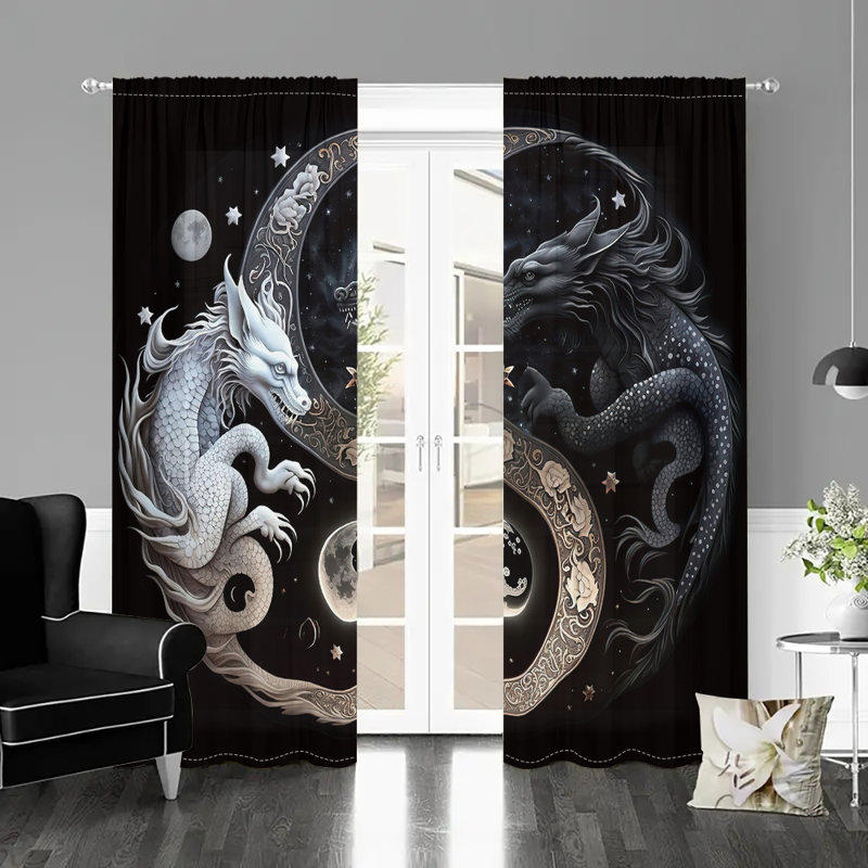 2Pcs Dragon Curtains YinYang Fantasy Mystical Window Drapes Asian Feng Shui Art Decorative Curtain Panels Crescent Moon Stars Night Sky Design for Bedroom Living Room Home Decor