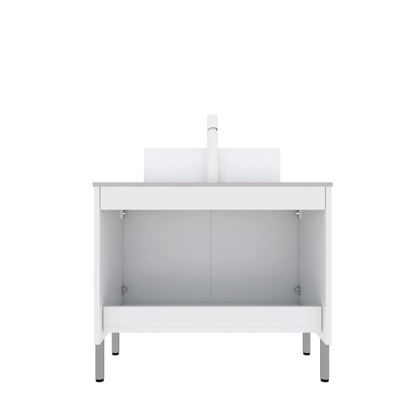 30 po. Comptoir en pierre artificielle autoportant blanc Carrara 30 po et armoire blanche avec deux portes, sans lavabo, sans robinet ni couvercle d'évier