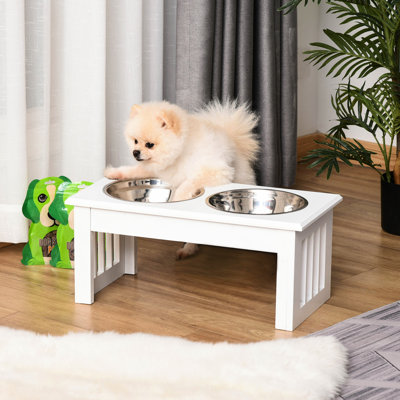 Elevated Dog Bowl Stand, 6" Height, Stainless Steel & Wooden, White, Non-Slip Base, Promotes Pet Lifestyle Height Food Bowls With Contemporary Wooden Frame, Facilitates Mess- Feeding And Improves