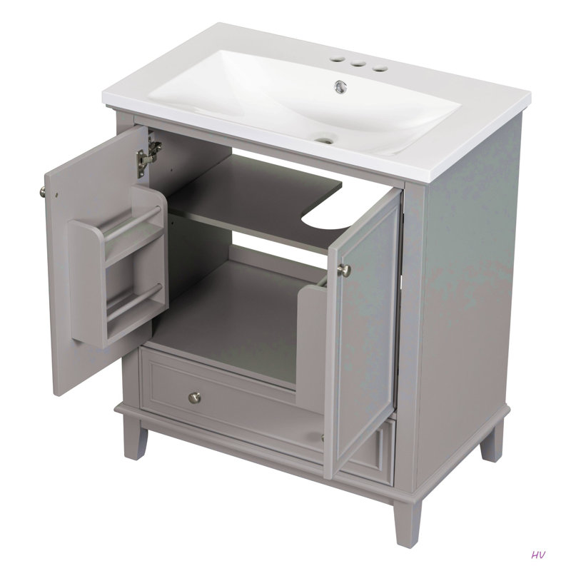 Ensemble de meuble-lavabo 30 po avec lavabo, armoire de salle de bain multifonctionnelle avec portes et tiroir, structure solide et panneau de fibres à densité moyenne