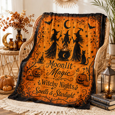 Couverture d'Halloween vintage avec sorcière, chaudron, chat noir, citrouilles, chauves-souris et lune, jeté en flanelle orange à motifs gothiques pour canapé et lit, 76 x 102 cm