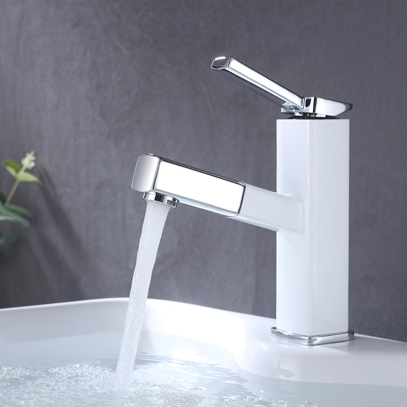 White Single Handle Bathroom Faucet With Pull-Out Sprayer, White, Regular