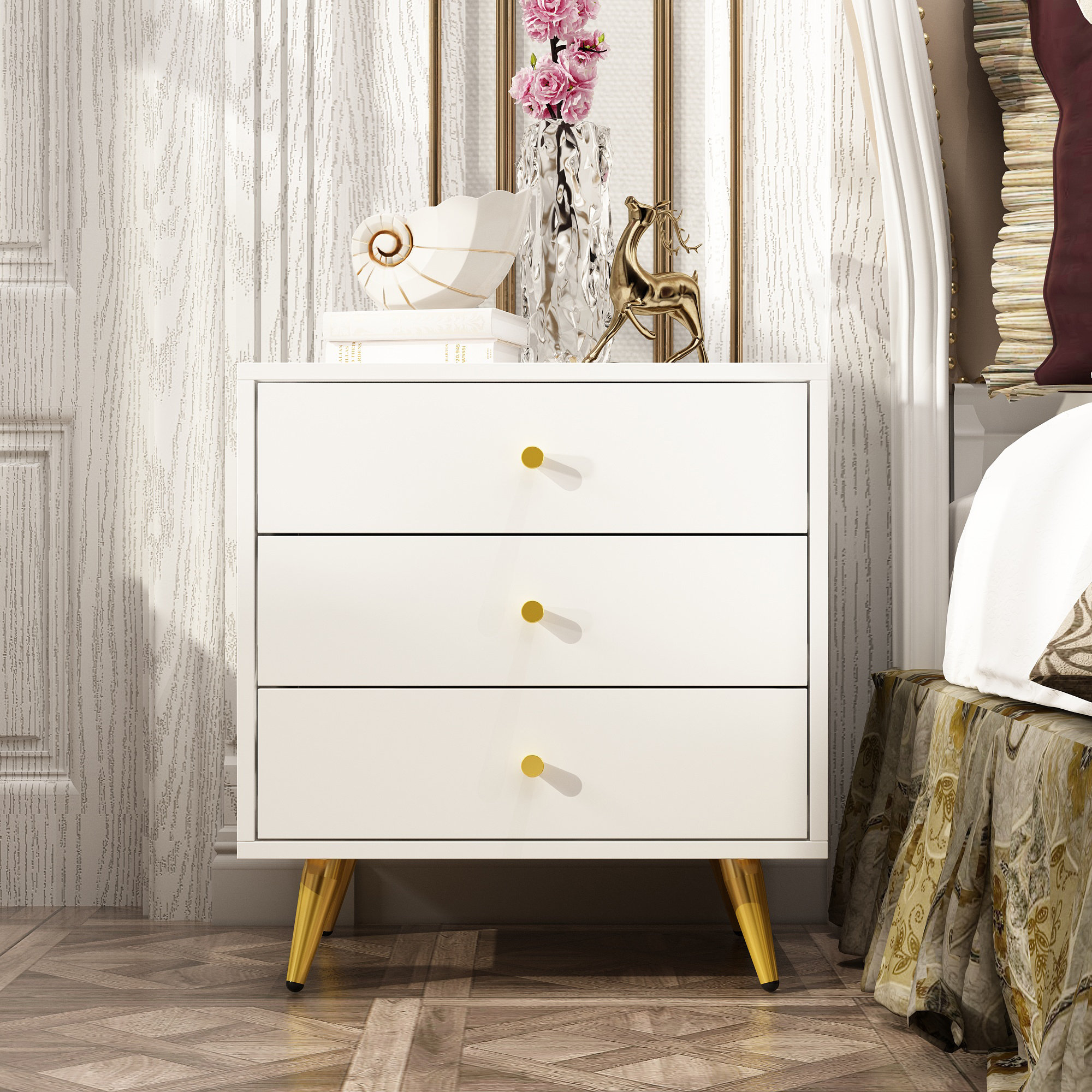 Everly Quinn 3-Drawer Storage Nightstand Bedside Cabinet Furniture ...