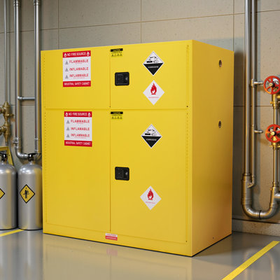 Armoire inflammable, acier laminé à froid, tablettes réglables, certifiée OSHA et CE pour usage industriel, commercial, de laboratoire et institutionnel, jaune