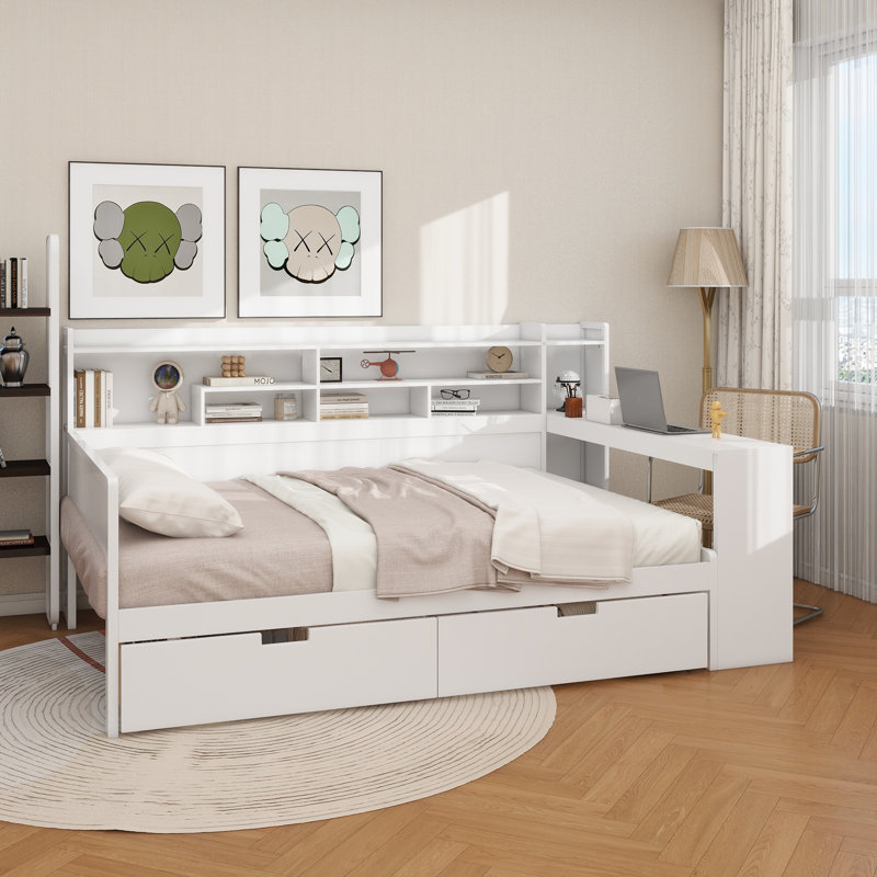 Wooden Full Size Daybed With Storage Shelves, Multi-Functional Bed With Two Storage Drawers And Study Desk, Antique White