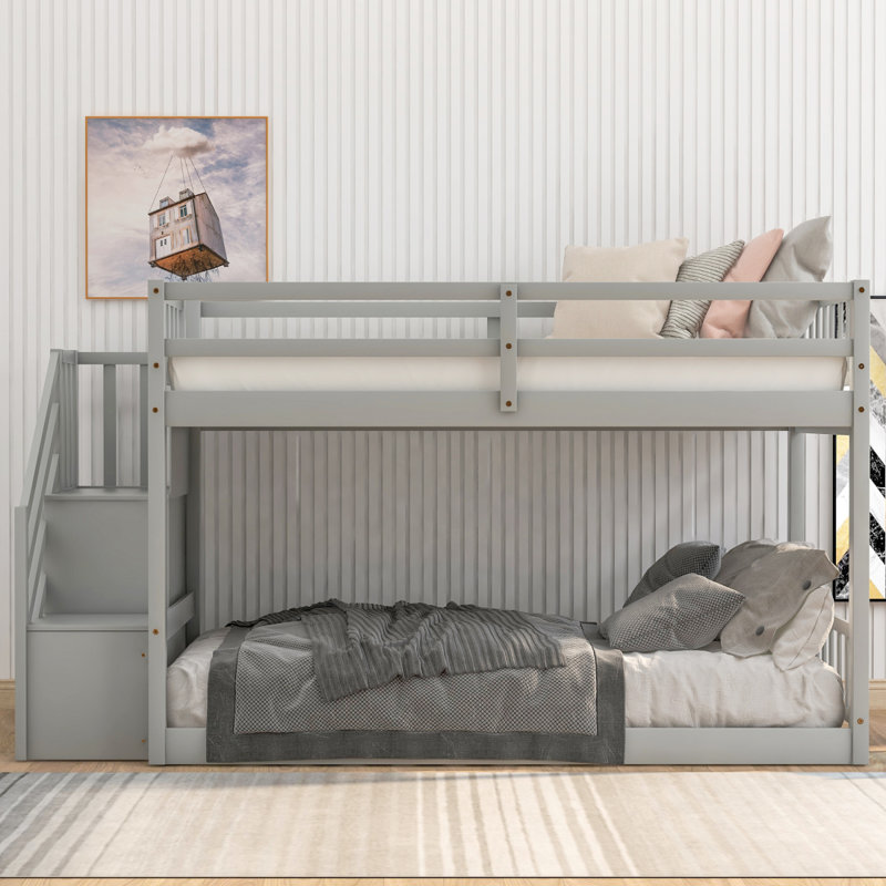 Lit superposé simple au-dessus d'un lit simple, échelle avec rangement, gris, Gris