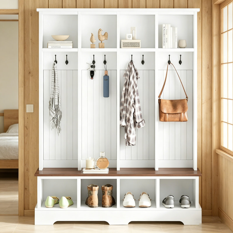 Farmhouse Hall Tree With 8 Hooks, Practical Entryway Bench With Open Compartments, 76.7/