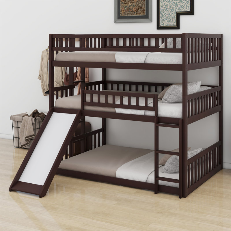 Triple Bed With Built-In Ladder,Slide And Guardrails, Espresso