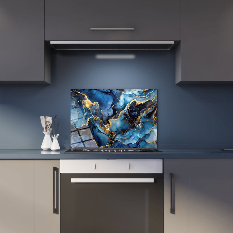 Dosseret en verre trempé marbré marine - décoration murale de cuisine, H 25 po x l 25 po x P 0,5 po