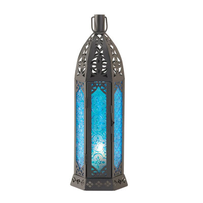 Grande lanterne à bougie bleue | Lampe de patio exotique en métal