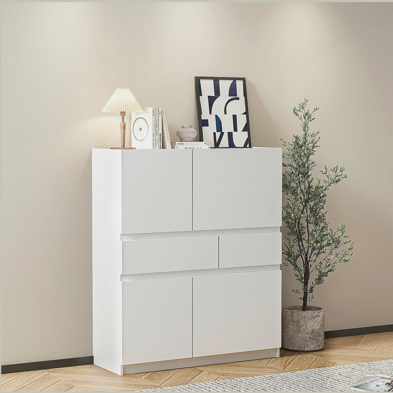 Armoire de rangement en bois blanc avec 4 portes et 2 tiroirs