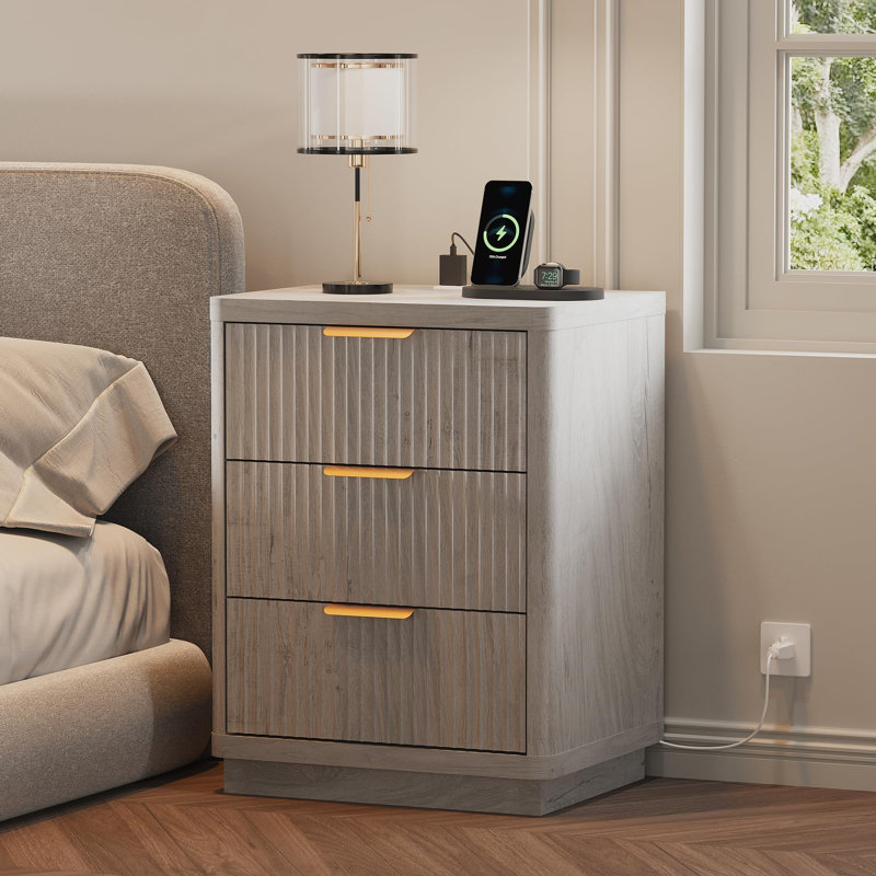 Fluted Nightstand with Charging Station, Mid Century Modern Fluted Nightstand, Modern End Table with Curved Corners