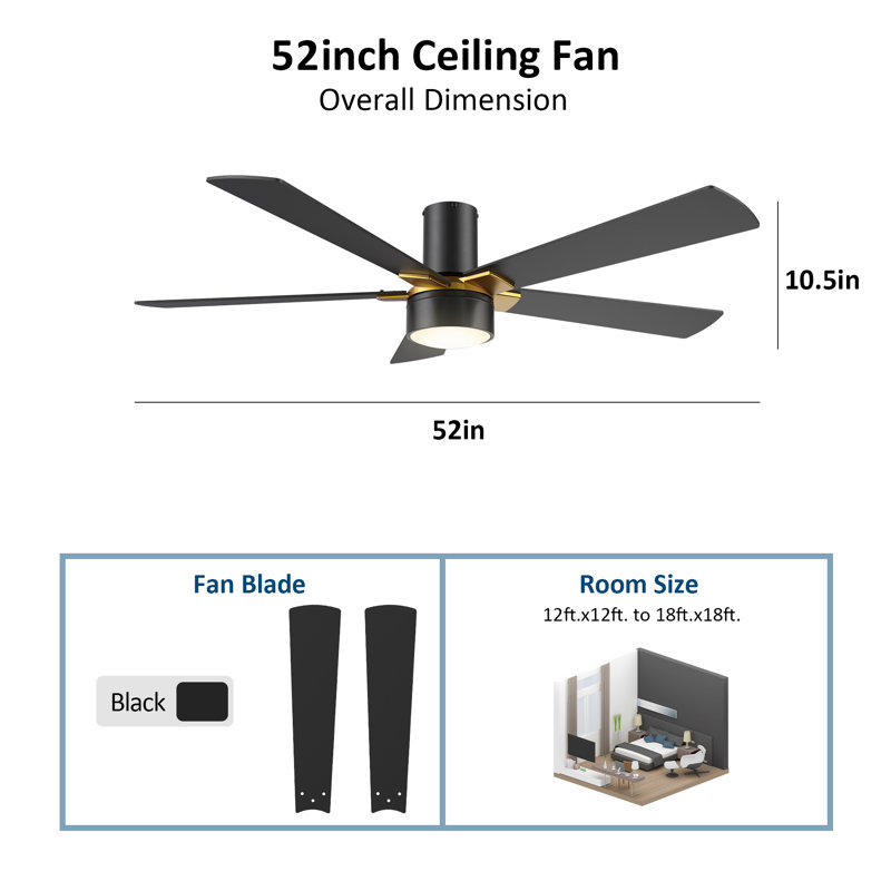 52" Fulvia 5 - Blade LED Smart Flush Mount Black Ceiling Fan with Remote Control and Light Kit Included