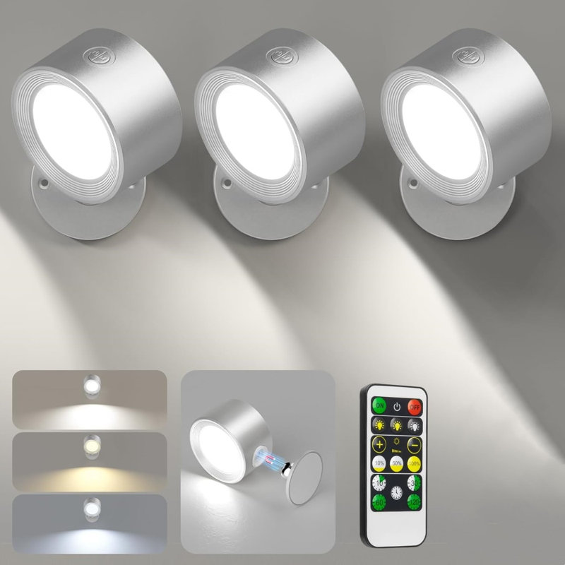 LED Wall Light Rechargeable Battery Operated With Remote, Magnetic Rotation,3 Pcs, Silver