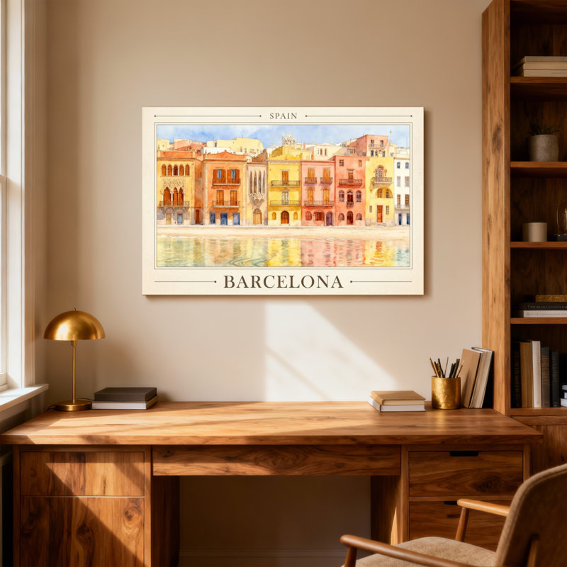 Scénario et paysages urbains, Barcelone, Espagne, aquarelle, bâtiments, reflet, rivière, horizon, H 32 po x l 48 po