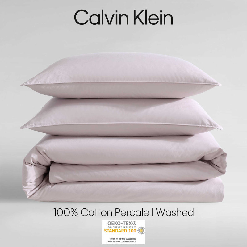 Calvin Klein Washed Percale Solid Cotton Duvet Cover Set, Queen Duvet Cover + 2 Standard Shams, Pink