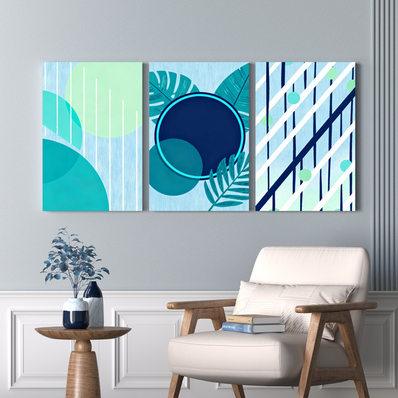 Abstrait géométrique et feuille tropicale tendue sur toile, impression minimaliste moderne (ensemble de 3), H 30 po x l 60 po