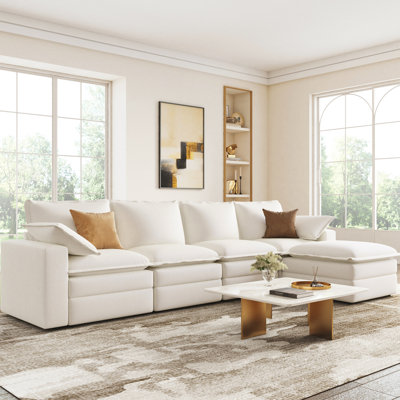 L Shaped Sectional Sofa, Double-layer Cushion Cloud Couch With Ottoman, Modular Sectional For Living Room, Off-white