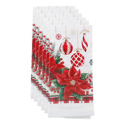 Hand Towel (Poinsettia W/ Ornaments) - Set Of 6